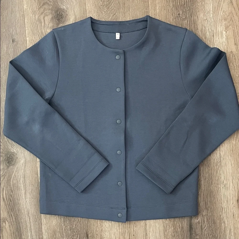 Muji Blue Snap Cardigan Sweatshirt Womens Size Medium M Scuba Cotton Fleece - Picture 3 of 11